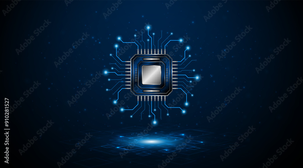 Aufkleber Microchip processor circuit board technology on dark blue background. Information Processing Concept. Circuit board hi-tech technology background. vector illustration	