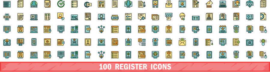 100 register icons set. Color line set of register vector icons thin line color flat on white