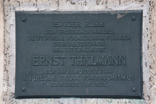 Commemorative plaque for KPD politician Ernst Th&auml;lmann on the wall of the crematorium in Buchenwald. Anti-fascist murdered in Buchenwald concentration camp near Weimar, Germany, July 23 2024