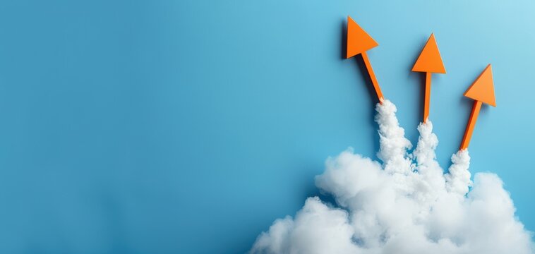 Orange arrows launching into the sky from clouds, symbolizing growth, progress, and success against a blue background.