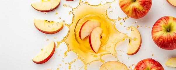 Photography of circular apple juice splash swirl, apple slices floating isolated white background