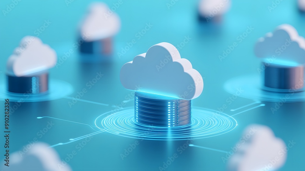 Poster digital clouds interconnected to servers symbolizing cloud computing, digital storage, and network d