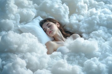Young woman sleeping peacefully in a bed of clouds