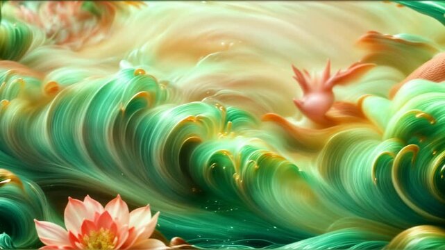 Looped seamless animation with water lilies flowers on the water in the waves of the sea or river. Natural floral background with motion bloom, dynamic waves of aquatic environment, vibrant footage.