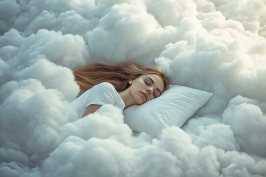 Young woman sleeping peacefully in bed of white fluffy clouds