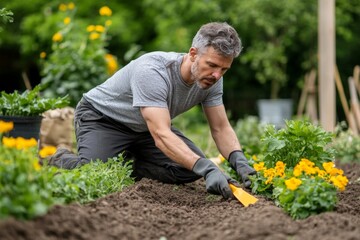 Middle-Aged Man Gardening, Planting Flowers in Springtime Backyard