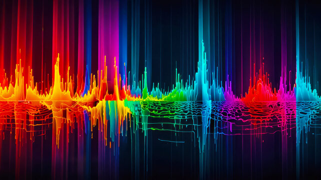 Bright and colorful abstract image of an audio equalizer with a spectrum analyzer. Bright colors from red to purple. Theme of music, audio technology, sound engineering, nightlife. Generative AI. - Powered by Adobe