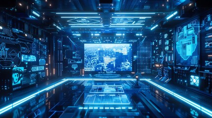 Obraz premium Futuristic digital room with glowing blue screens and data visualizations. The room is empty, with a large screen displaying a cityscape.