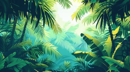 Lush green jungle with palm trees and sunlight filtering through the leaves.