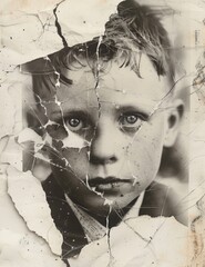 Vintage shabby photo of boy with torn and wrinkled effects