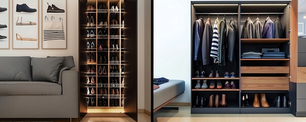 Modern home interior with a shoe rack and a walk-in closet.