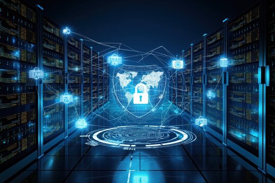 Secure digital data storage technology protects global business network servers from cyber threats, information breaches. Cyber security tech safeguards online transactions, confidential information.