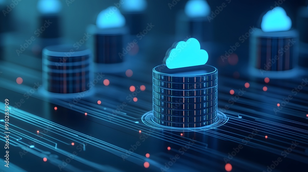 Poster digital representation of cloud computing, data storage solution, and network technology on futurist