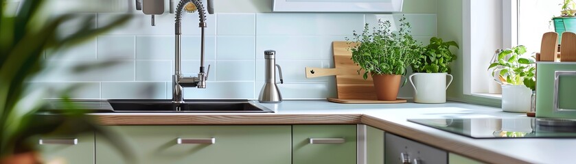 Modern kitchen sink with plants and green cabinets.
