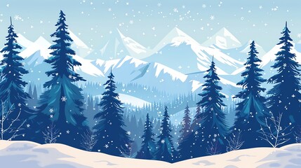 Fototapeta premium Snowy mountain landscape with tall pine trees and falling snow. Perfect for winter or Christmas themes.