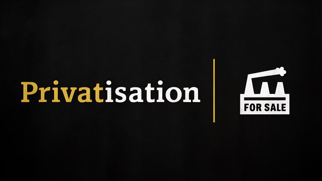 Privatisation written on black background with a symbol of factory for sale, illustrating the concept of privatisation
