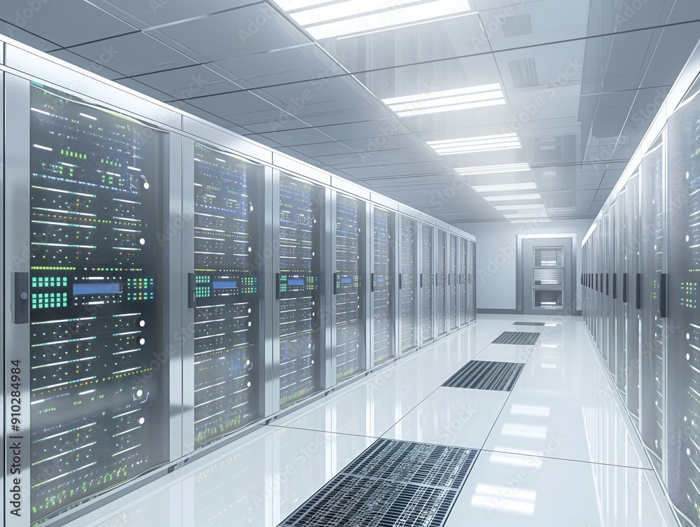 Poster data center room with multiple servers, storage cabinets and network devices. modern infrastructure 