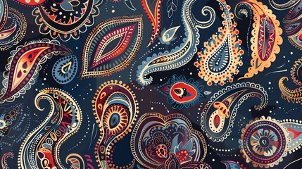 Vibrant paisley pattern in red, blue, and yellow on a dark blue background.