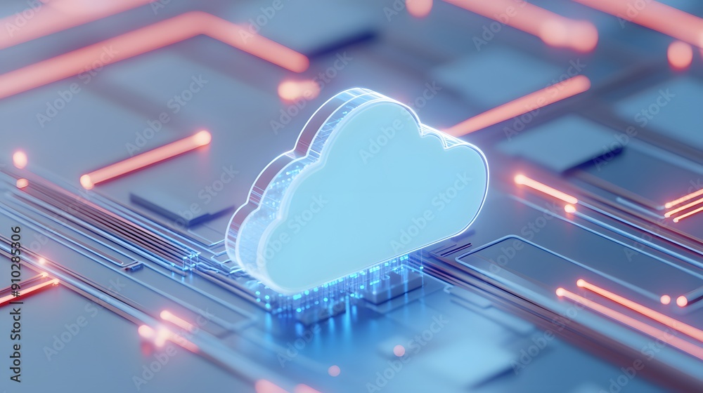 Poster futuristic 3d cloud computing concept with glowing lights and circuit board elements, symbolizing te