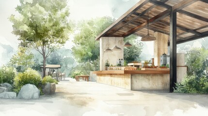 Obraz premium A cozy outdoor cafe with wooden tables and chairs under a shaded patio, surrounded by lush greenery.