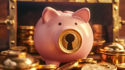 Obraz premium Piggy bank and gold coins. A pink piggy bank sits on a pile of gold coins. The piggy bank has a keyhole in its belly, symbolizing the importance of saving money.