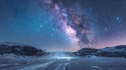 Snowy Mountains Under a Starry Night Sky Photo