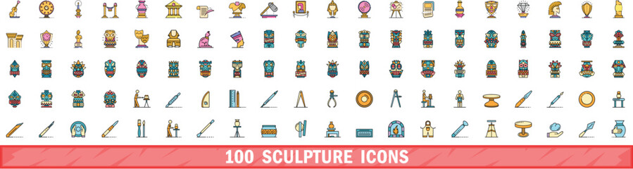 100 sculpture icons set. Color line set of sculpture vector icons thin line color flat on white