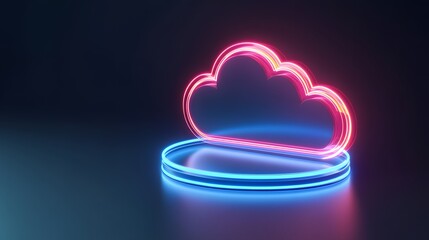 Futuristic 3D neon cloud icon in pink and blue lights on dark background, representing cloud computing or digital technology.