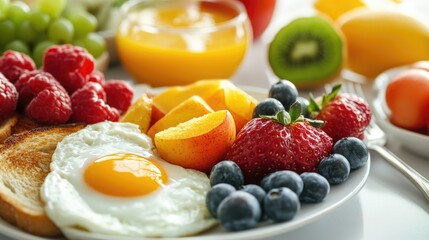 A plate of breakfast food with fruit and toast