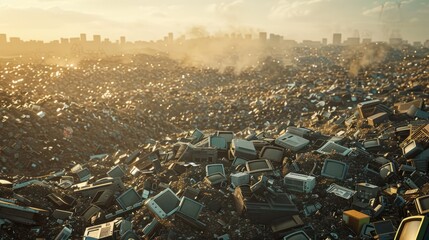 Cityscape buried in electronic waste. A vast landfill filled with discarded electronic devices, a stark reminder of our society's reliance on technology and the subsequent environmental impact.