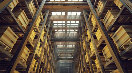 Large Warehouses with Rows of Stacked Boxes in Industrial Settings. AI generated image
