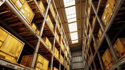 Large Warehouses with Rows of Stacked Boxes in Industrial Settings. AI generated image