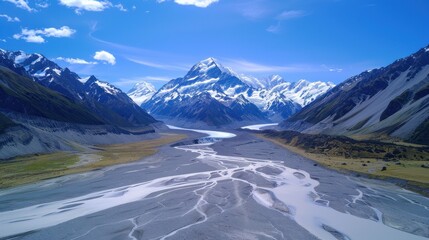 Aerial view of snow-capped mountains with a winding icy river below, capturing the pristine beauty of a winter landscape