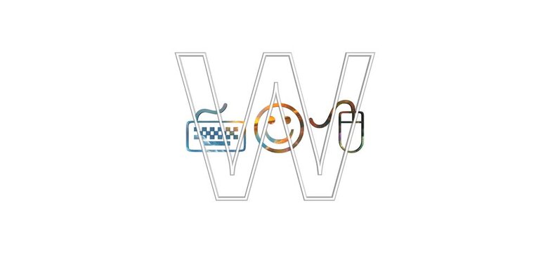 Lettera 3D:"W" che ruota con tre icone mouse,faccina e tastiera