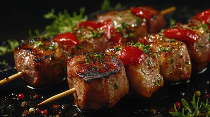 A close-up view of juicy meat skewers sizzling on a grill, perfect for a barbecue or outdoor cooking occasion