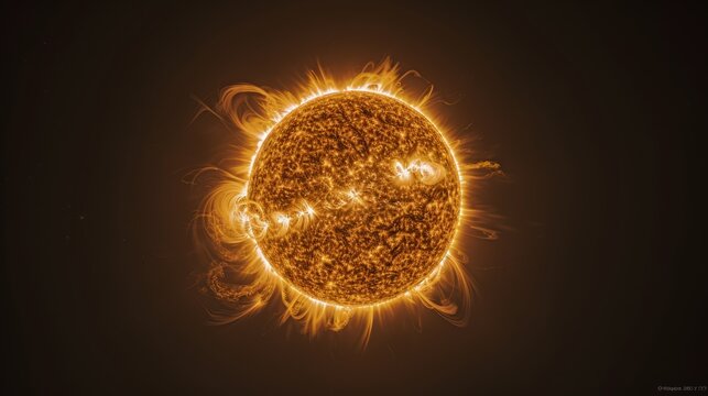 Highly detailed solar flare close-up of Sun's surface with fiery coronal loops and magnetic activity