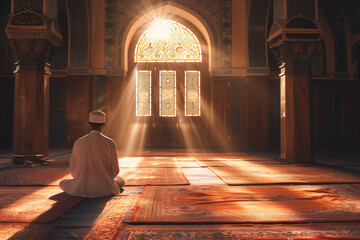 Man Praying in Mosque: Spiritual Scene with Light Rays and Elegant Islamic Interior Decor