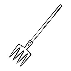 Garden fork hand drawn in doodle style. Hobby gardening. Farmer working tool for harvesting grass and hay. Vector line art illustration.