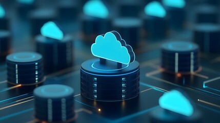 Futuristic cloud computing concept on digital background with glowing elements symbolizing data storage, technology, and connectivity.