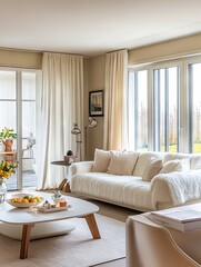 Fototapeta premium A living room with a white couch and a white coffee table