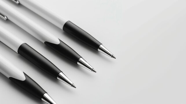 White and black pens on a table. Four pens, with white barrels and black caps, are laid out in a row on a white surface.