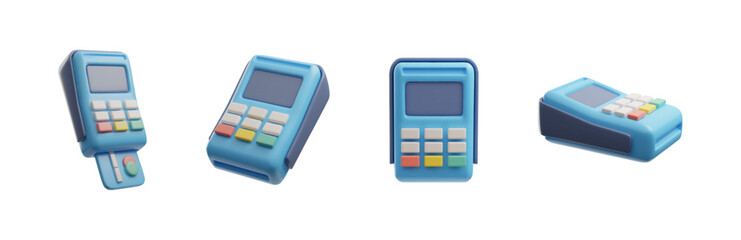 Payment terminal, POS terminal with bank credit card 3D vector icons set, approved financial transaction, payment device