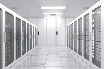 Vast, empty server room with rows of white servers standing side by side in solitude, tranquility. Perspective from front looking down into the room emphasizing its length, width.