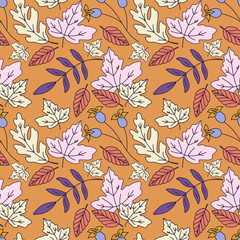 Seamless pattern with various leaves and plants, seasonal flowers. Vector graphics.