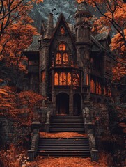 Fototapeta premium An old house surrounded by trees in a dense forest