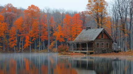 Autumn Cabin by the Lake