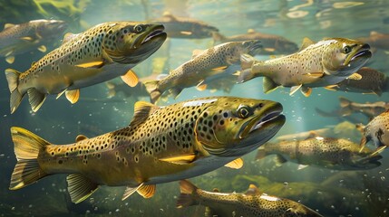 Fototapeta premium School of Spotted Freshwater Trout Swimming in Underwater River or Stream