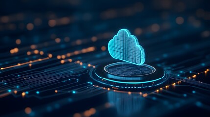 Futuristic cloud computing concept with digital network and glowing cloud icon on tech-themed background, representing data storage and technology.