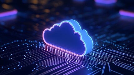 Futuristic cloud computing concept with digital neon cloud symbol on a circuit board background representing modern technology.