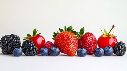 A group of strawberries blueberries blackberries and raspberries on a white surface